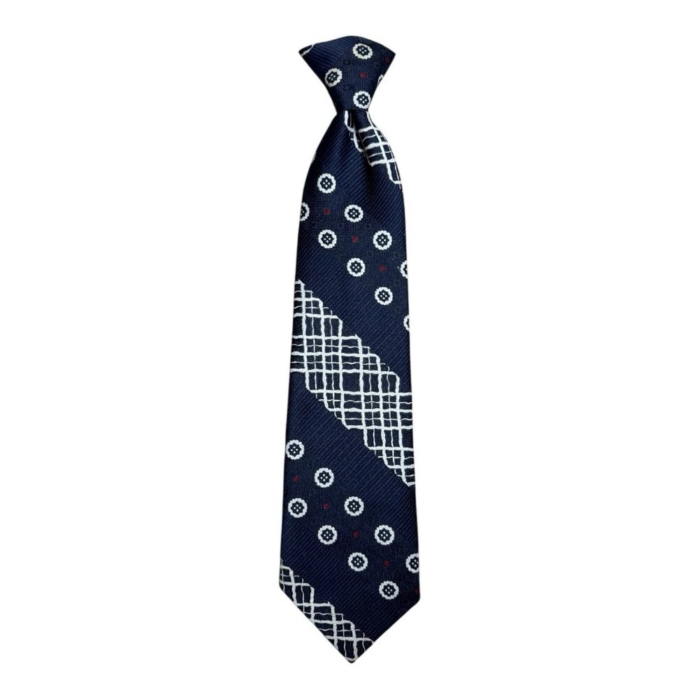 Vintage Snapper Clip-On Tie Navy Blue Geometric Mod Print 3.25”x17” USA Made